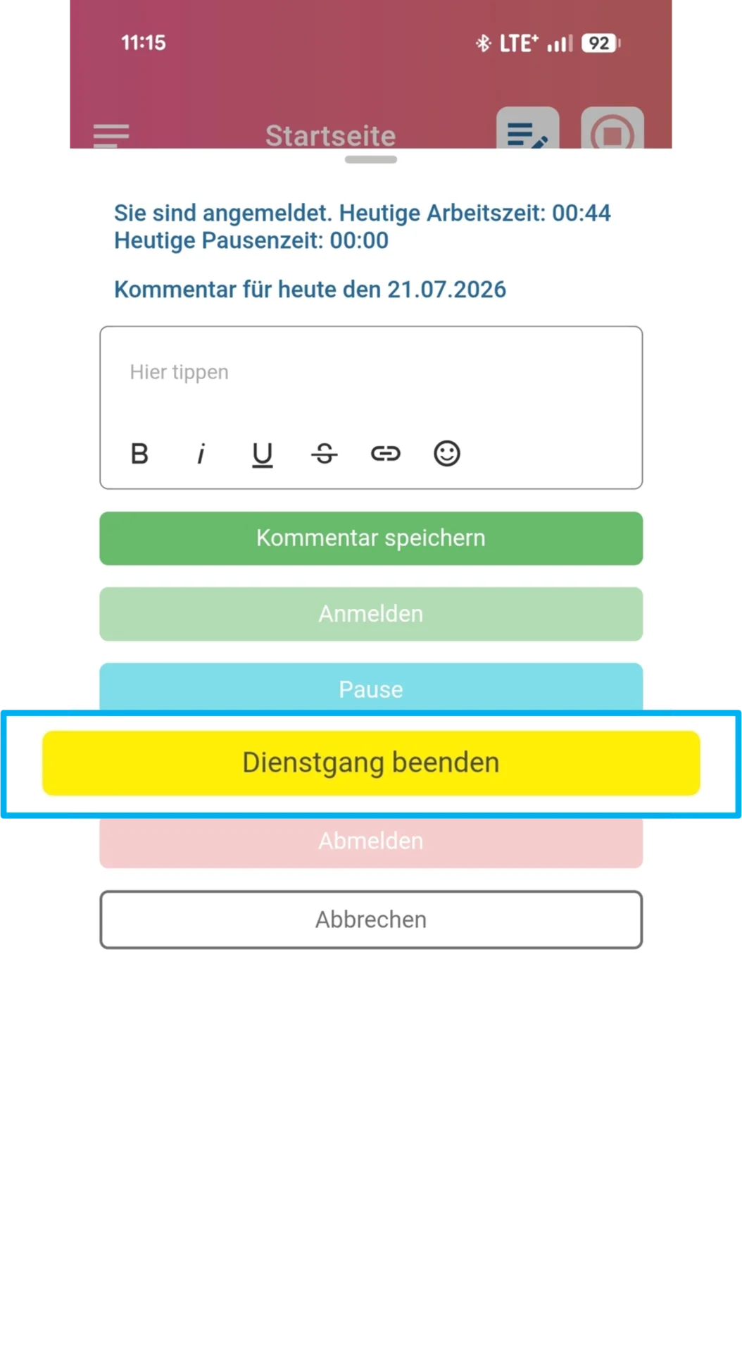 Zu sehen ist die Zeiterfassung in der App und hervorgehoben ist die Schaltfläche Dienstgang beenden.