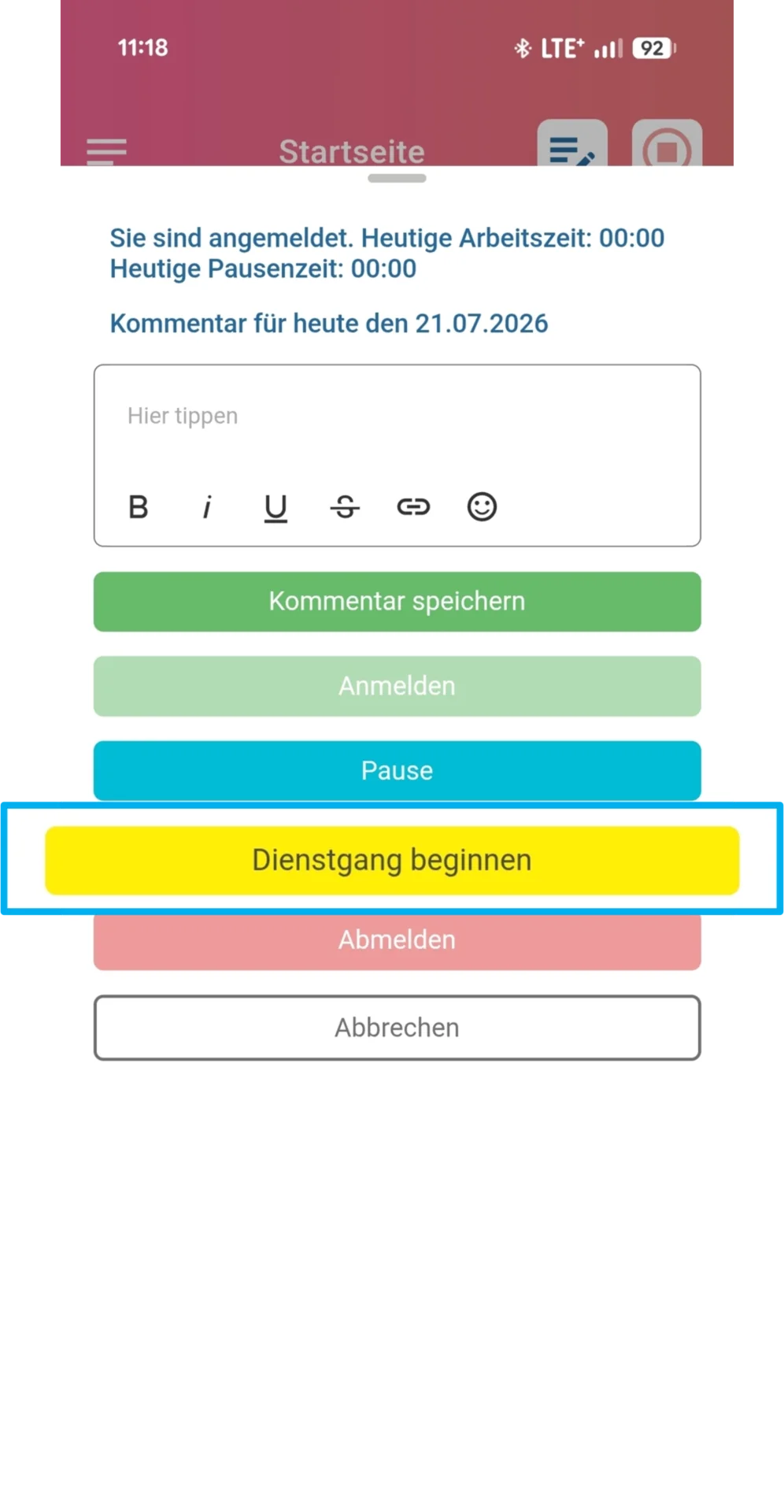 Zu sehen ist die Zeiterfassung in der App und hervorgehoben ist die Schaltfläche Dienstgang beginnen.