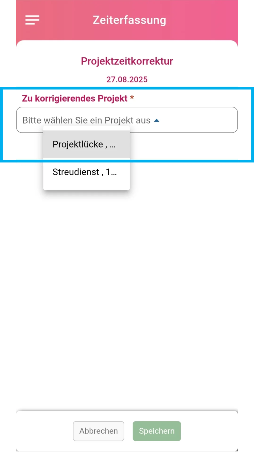 Geöffnetes Korrekturfenster, der Bereich „Zu korrigierendes Projekt“ ist farblich hervorgehoben und die Projektauswahl ist geöffnet.