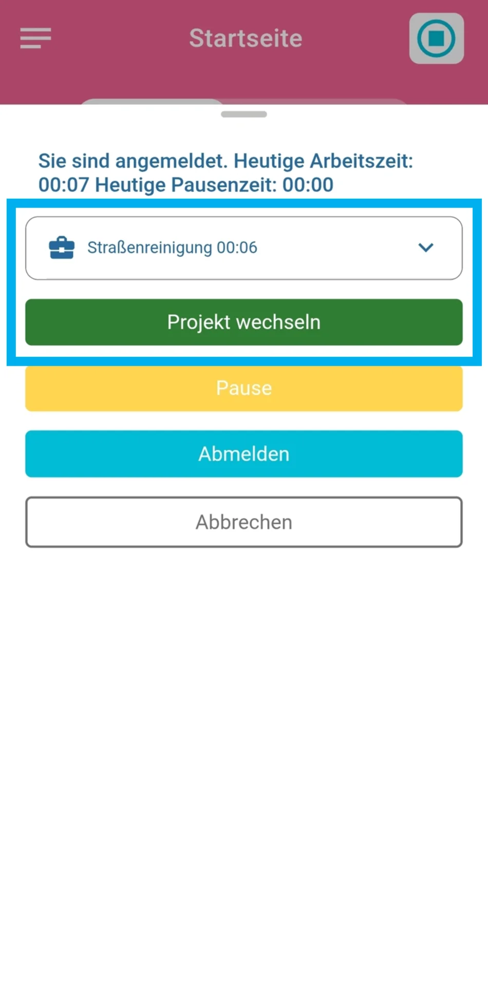 Zu sehen ist das ausgewählte Projekt im separaten Auswahlfenster. Darunter ist der Button „Projekt wechseln“ zu sehen.