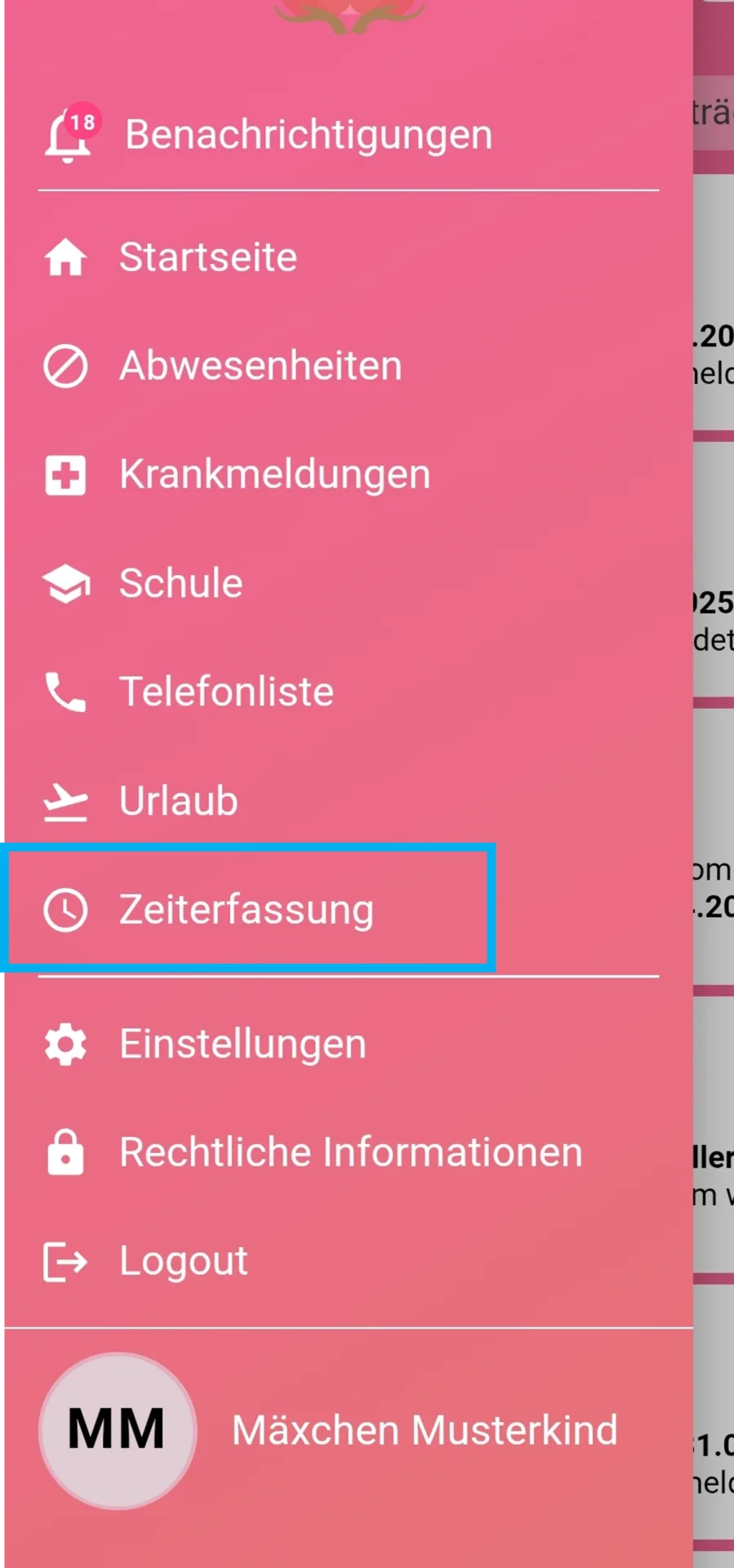 Zusehen ist die Modulauswahl in der App, und farblich hervorgehoben ist der Menüpunkt „Zeiterfassung“.