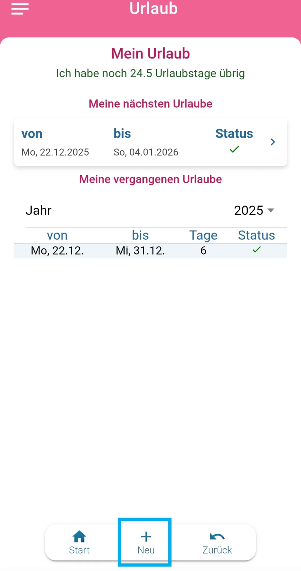 Zu sehen ist die Übersicht der eigenen Urlaube; das Plus-Symbol in der Menüleiste ist farblich hervorgehoben.