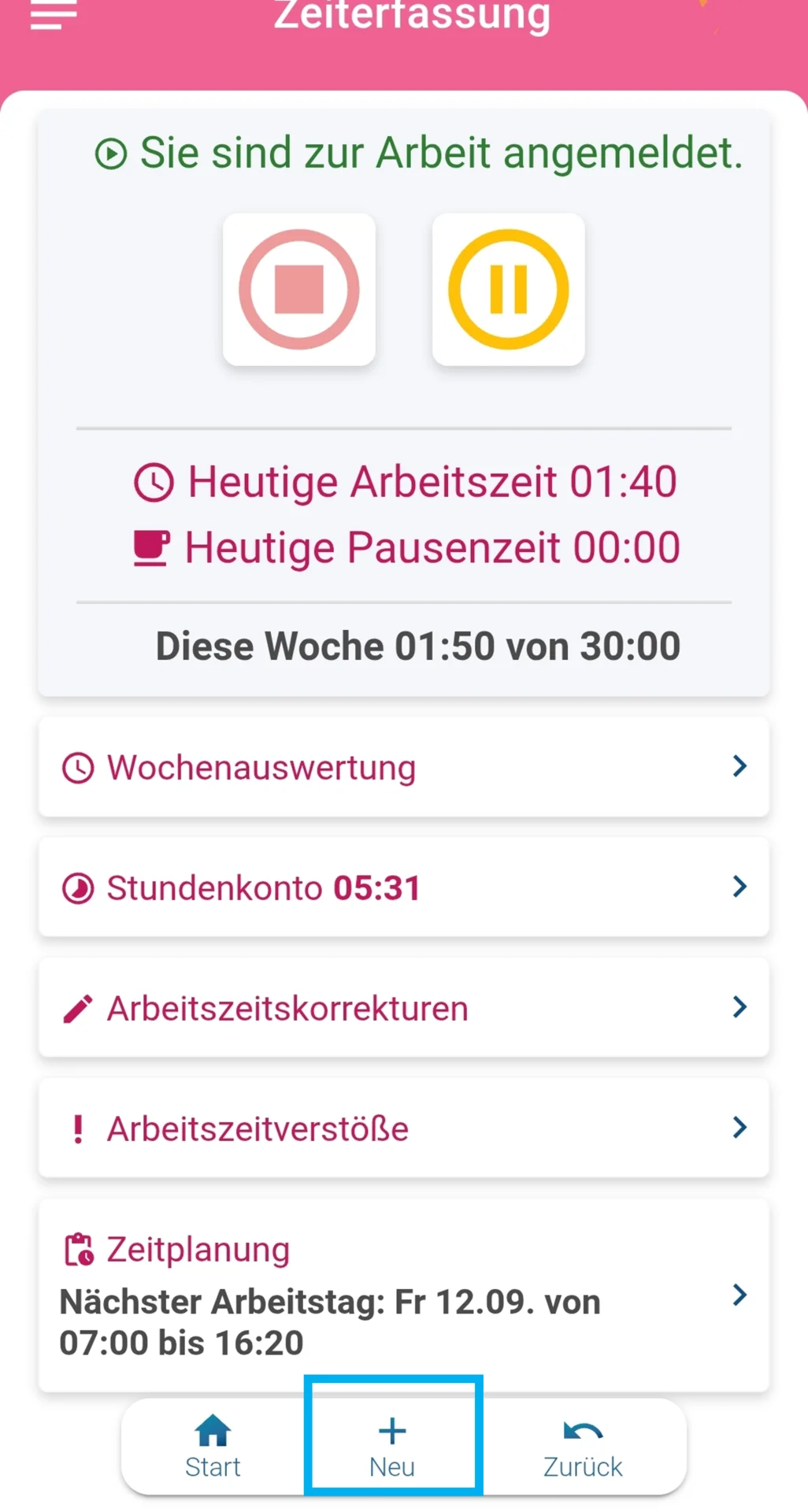 Zusehen ist das Zeiterfassungs-Dashboard, und farblich hervorgehoben ist der Button „Neu“.