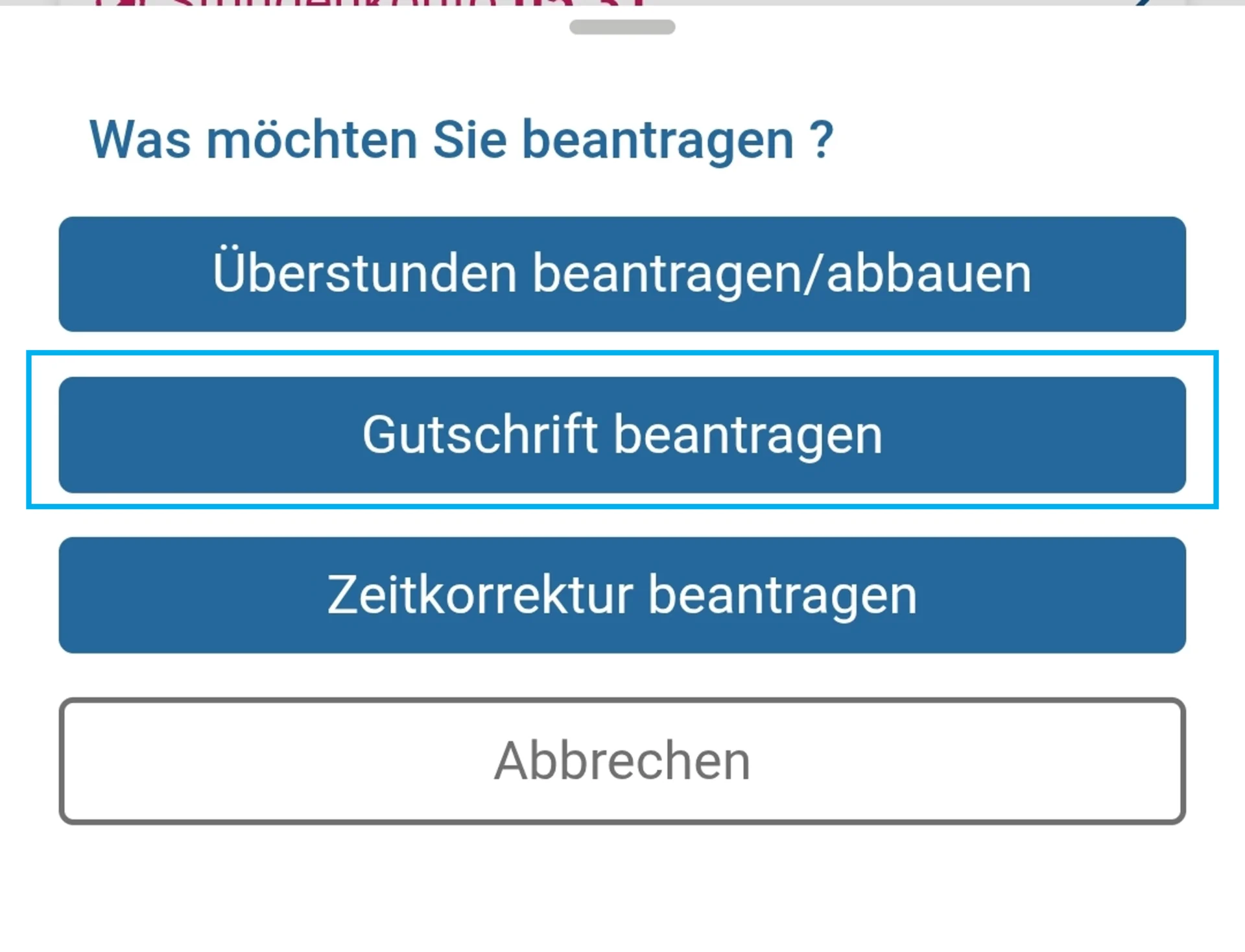 Zusehen ist die Auswahl „Was möchten Sie beantragen?“, und farblich hervorgehoben ist die Schaltfläche „Gutschrift beantragen“.