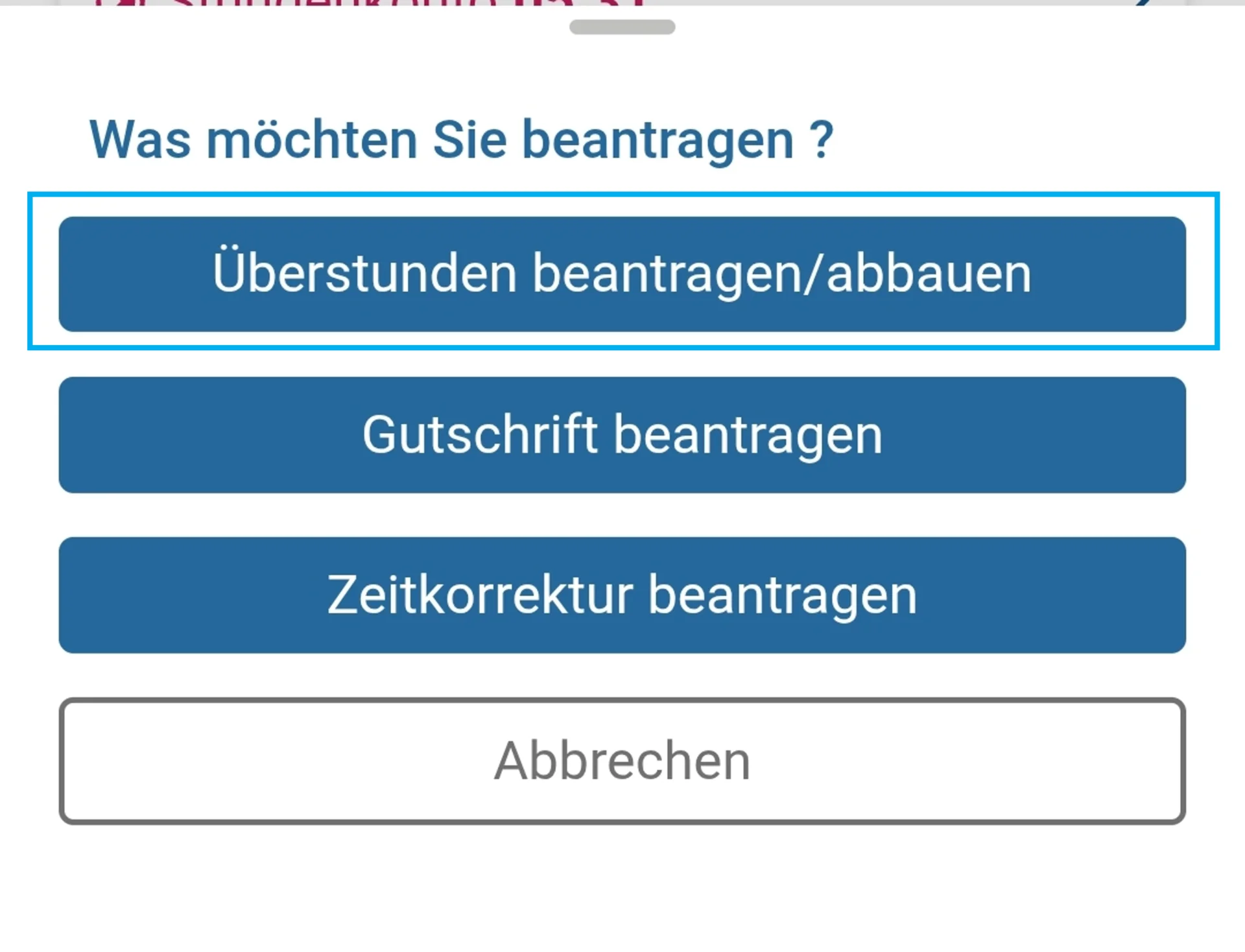 Zu sehen sind mehrere Optionen zum Thema Was möchten Sie beantragen. Farbig hervorgehoben ist der Button Überstunden beantragen/abbauen.