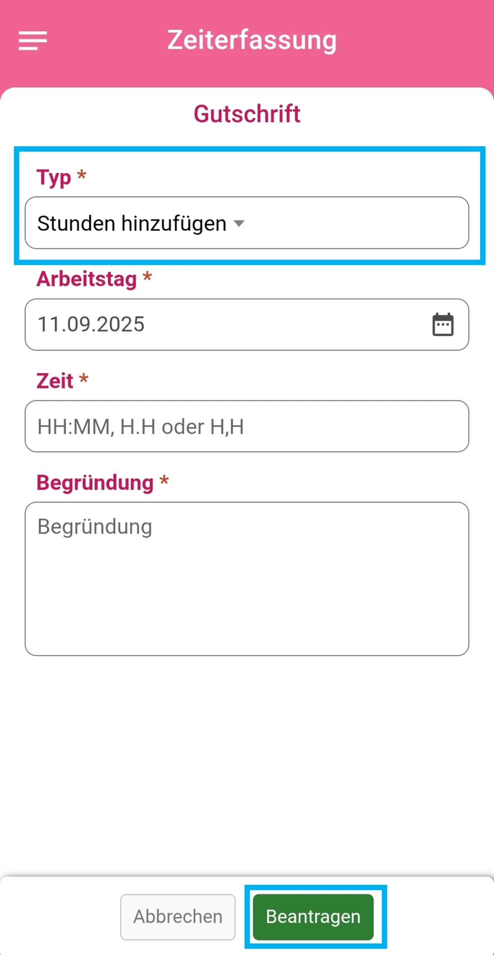 Zusehen ist die Maske zum Erstellen einer Stundengutschrift, und farblich hervorgehoben ist das Feld „Typ“.