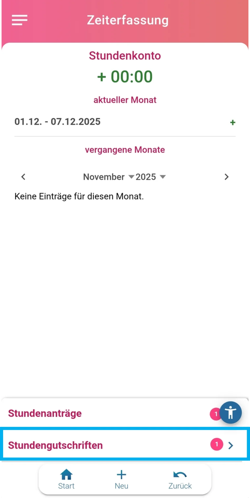 Zusehen ist das Stundenkonto, und farblich hervorgehoben ist die Schaltfläche „Stundengutschriften“.