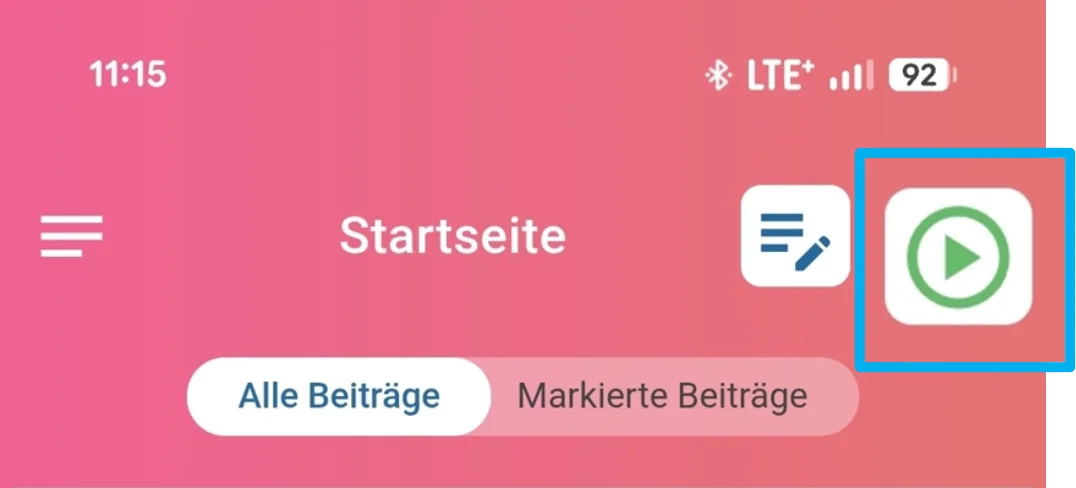 Zu sehen ist die Startseite der App und hervorgehoben ist der Play-Button.