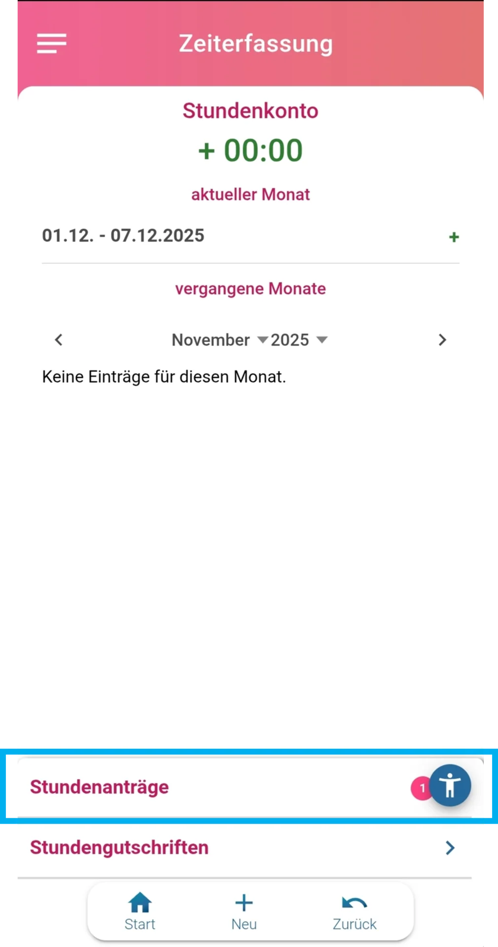 Zu sehen ist das Stundenkonto. Die Schaltfläche „Stundenanträge“ ist farblich hervorgehoben.