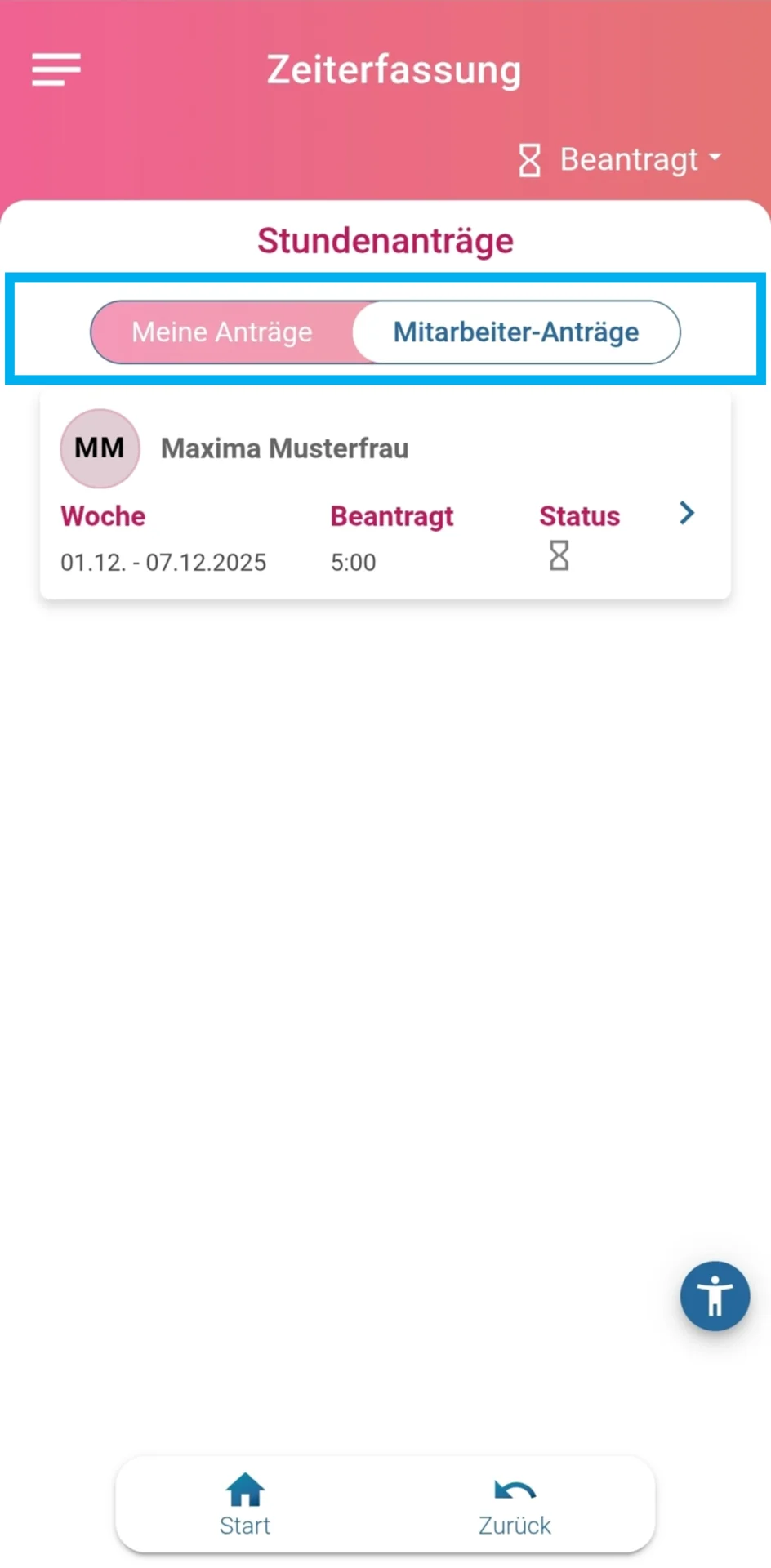 Zu sehen ist die Übersicht der gestellten Anträge. Farbig hervorgehoben sind die Filter „Meine Anträge“ und „Mitarbeiter-Anträge“.