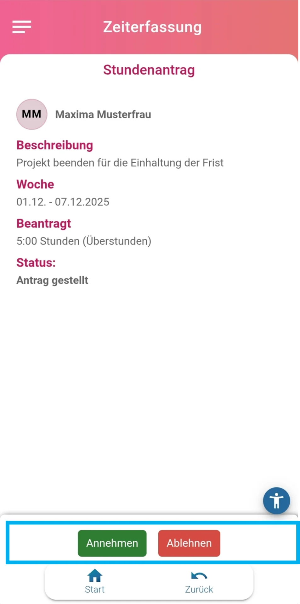 Zu sehen ist die Detailansicht des Überstundenantrags. Die Buttons „Annehmen“ und „Ablehnen“ sind farblich hervorgehoben.