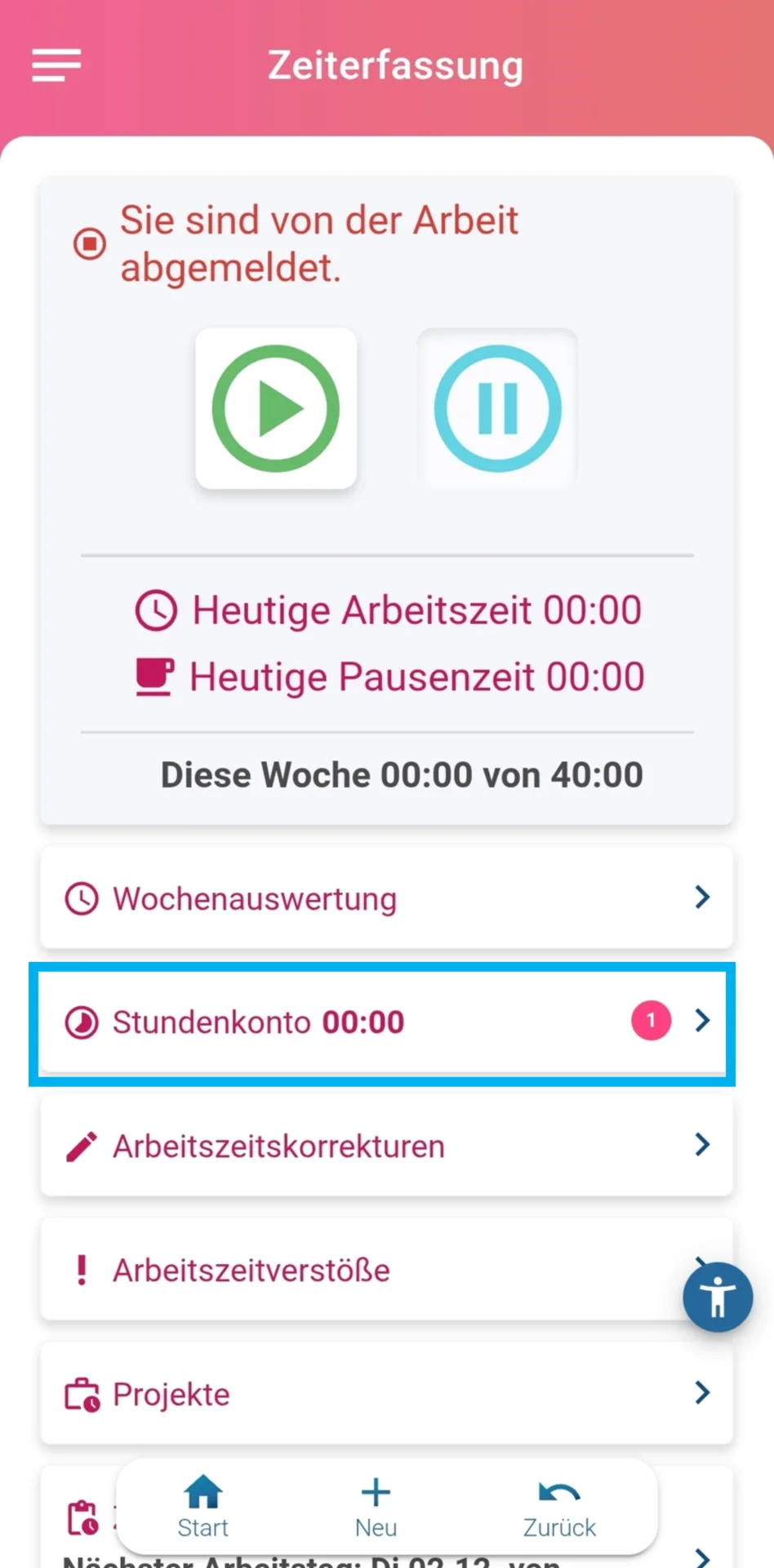 Zu sehen ist das persönliche Dashboard. Die Schaltfläche „Stundenkonto“ ist farblich hervorgehoben.