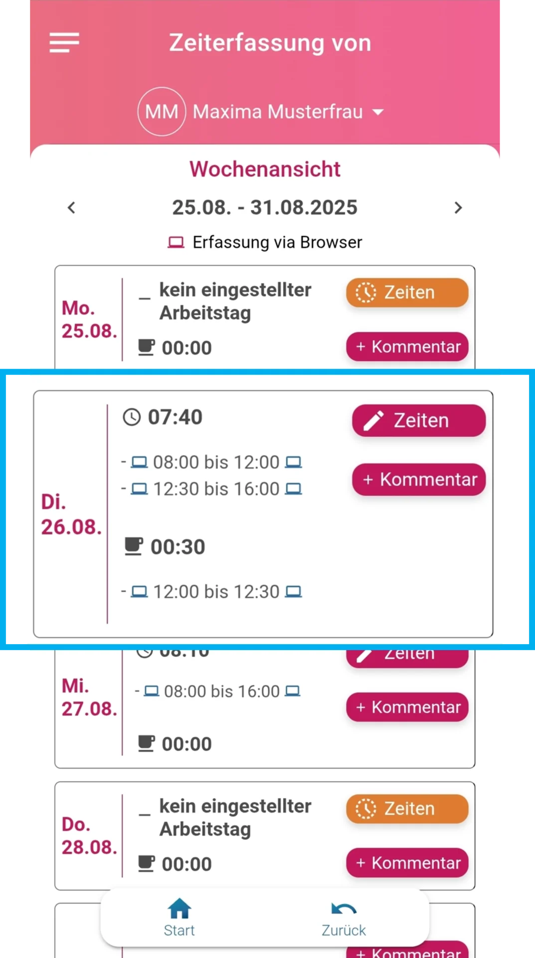 Geöffnete Wochenauswertung, der Dienstag ist farblich hervorgehoben.