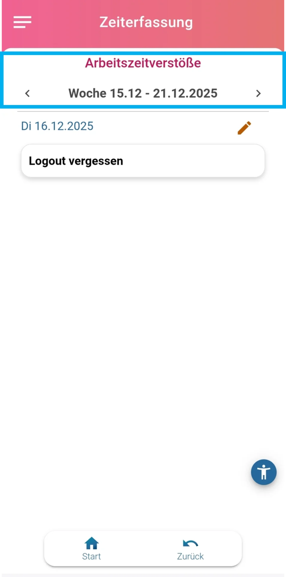 Zu sehen ist die Übersicht der Arbeitszeitverstöße. Farblich hervorgehoben ist die Auswahl der aktuellen Woche.