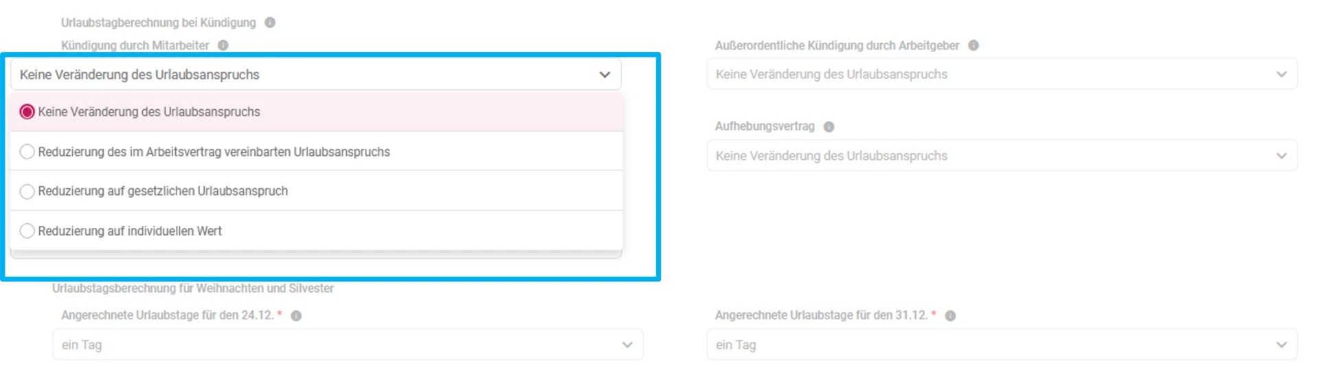 Zu sehen ist die Modul-Einstellung „Urlaub“. Hervorgehoben sind die Einstellung „Urlaubstagsberechnung bei Kündigung“ sowie das Auswahlfeld der Kündigungsart „Kündigung durch Mitarbeiter“.