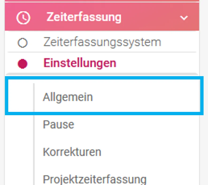 Zusehen ist ein Ausschnitt aus dem separaten Menü, in dem der Punkt „Allgemein“ unter den Einstellungen farblich hervorgehoben ist.