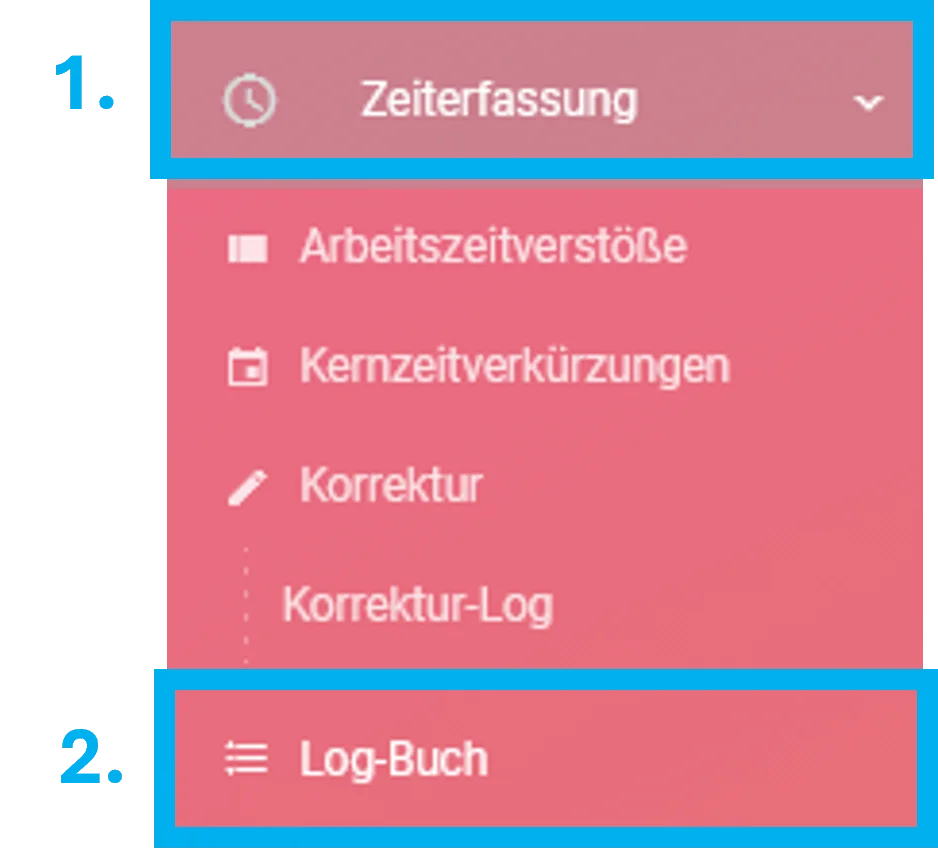 Zu sehen ist das Untermenü des Personal-Moduls. Farblich hervorgehoben sind die Punkte Zeiterfassung und Log-Buch.