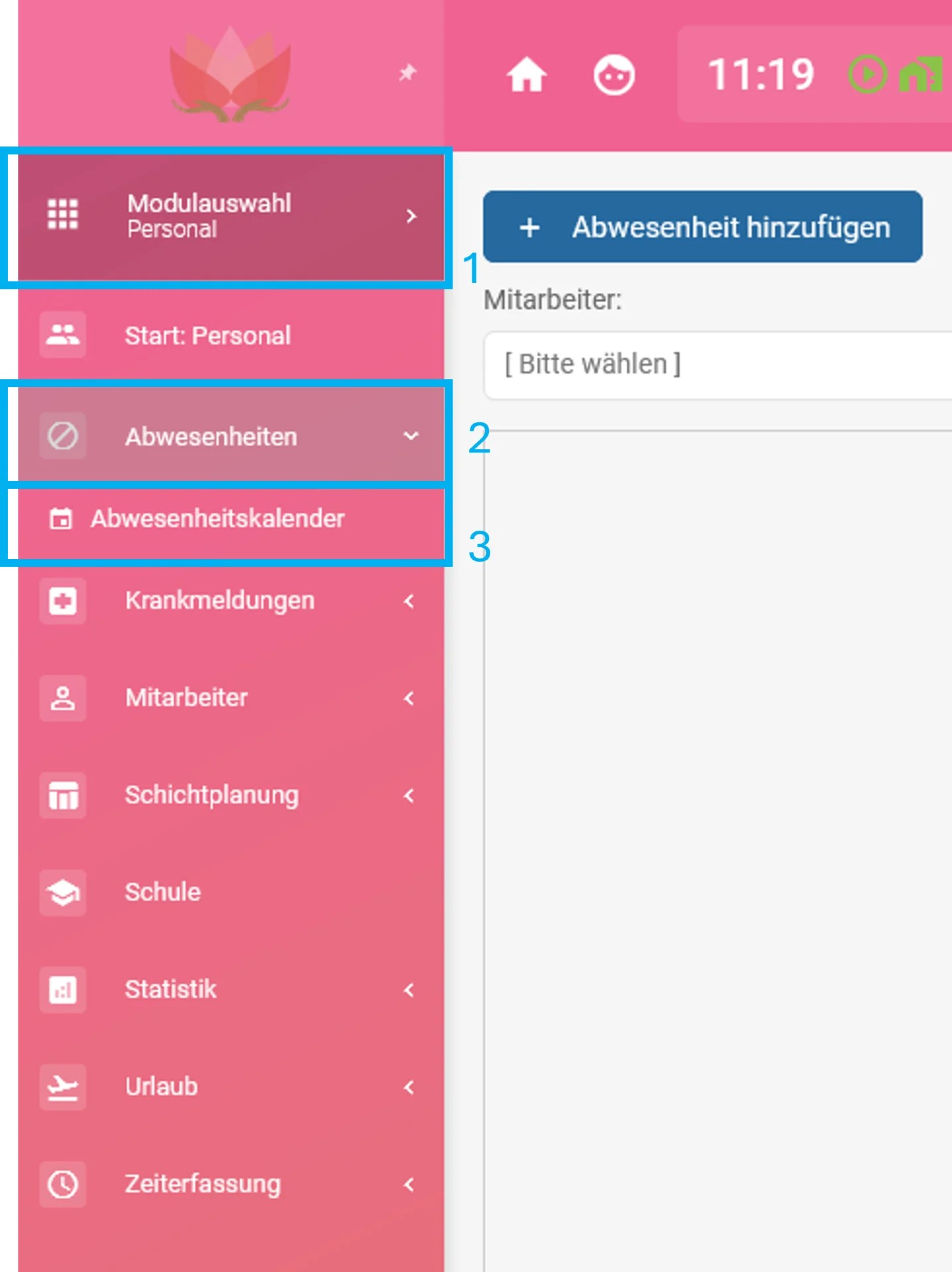 In der Browseransicht des Intranest ist die Modulauswahl zu sehen. Das Modul „Personal“ ist mit der Zahl 1 markiert und farblich hervorgehoben. Darunter ist „Abwesenheiten“ mit der Zahl 2 sowie „Abwesenheitskalender“ mit der Zahl 3 gekennzeichnet und ebenfalls farblich hervorgehoben.