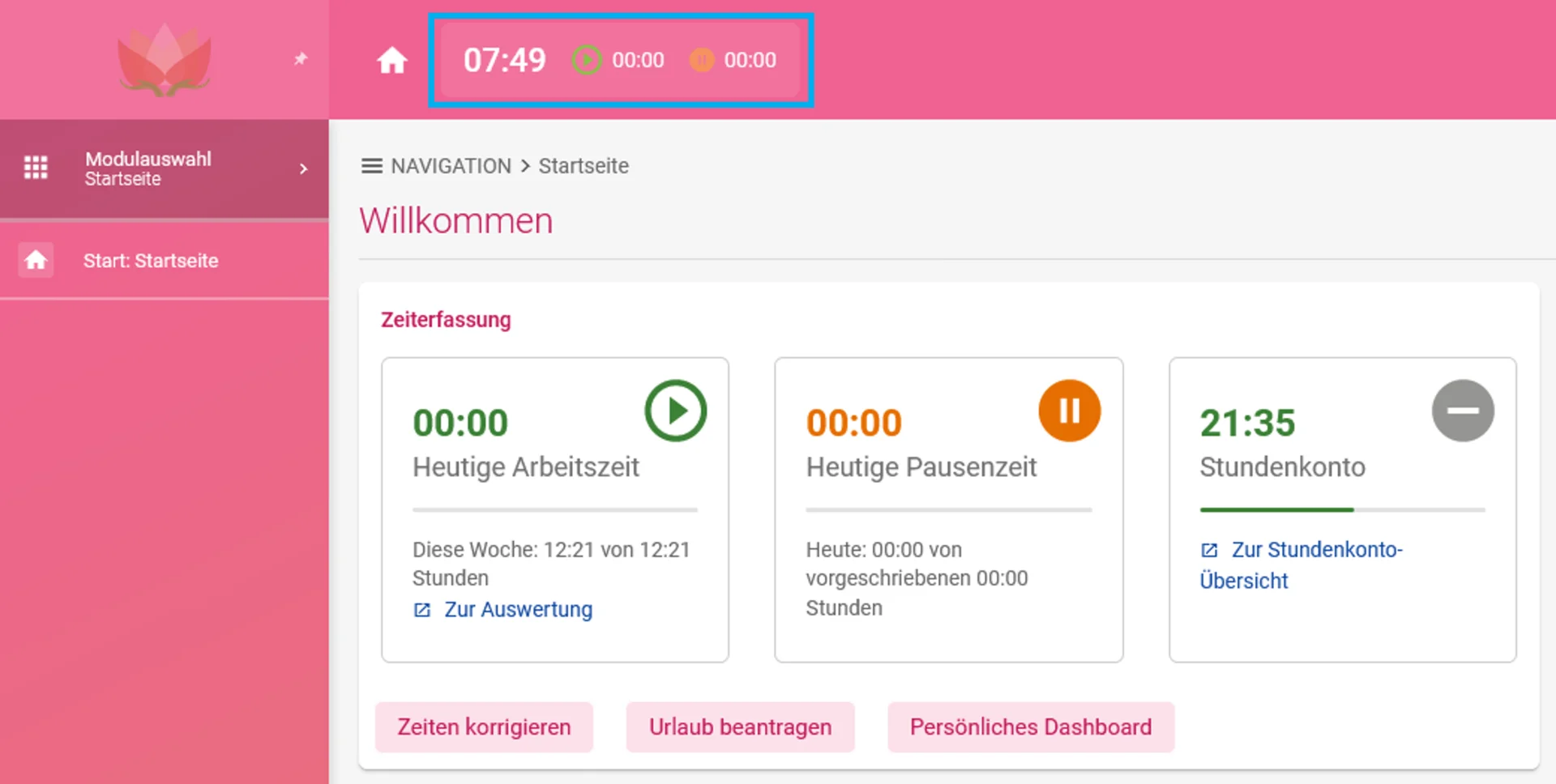 Zusehen ist die Startseite der Zeiterfassung und farblich hervorgehoben ist die Urhzeit mit dem Play-Button