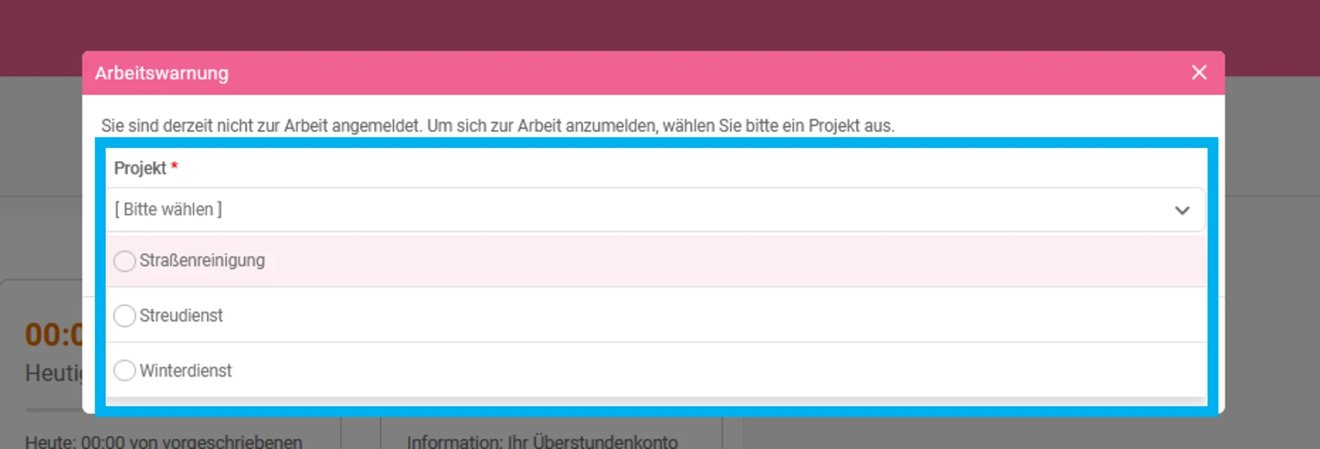 Zu sehen ist das Auswahlfenster der verfügbaren Projekte.