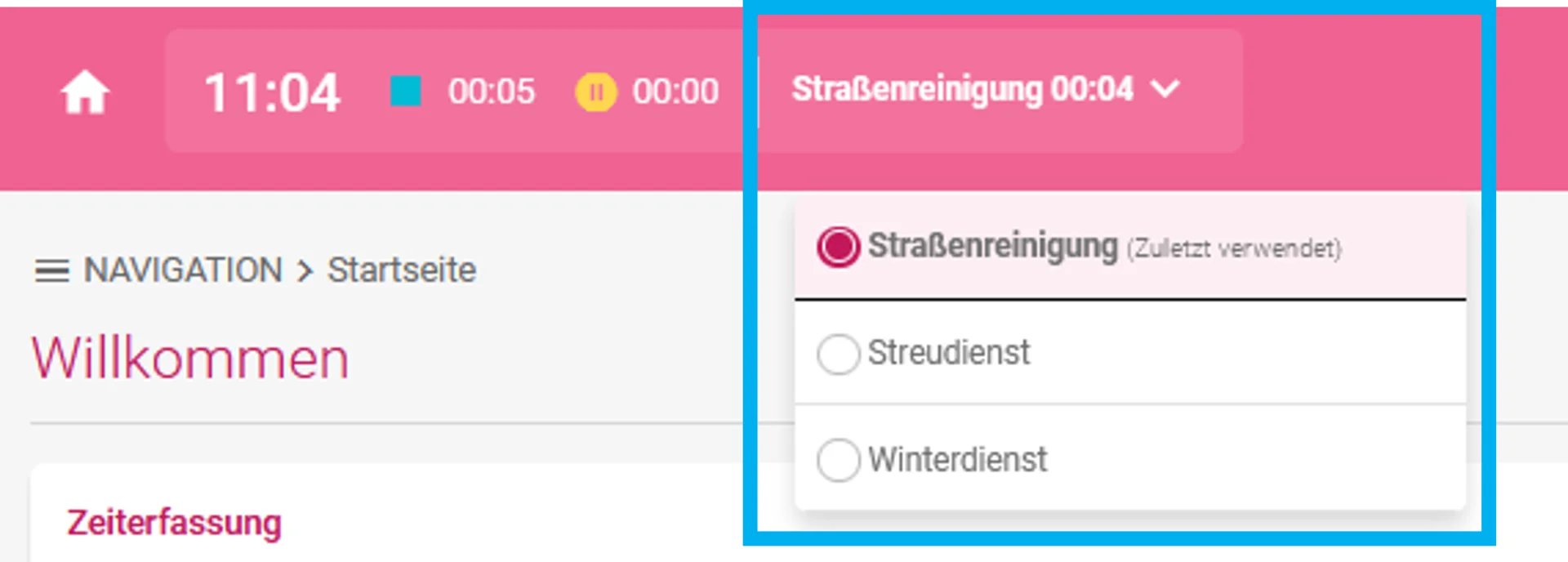 Zu sehen ist die Startseite der Zeiterfassung mit dem oberen Menü und der aktuellen Zeitanzeige. Farblich hervorgehoben ist der Bereich zur Projektauswahl.