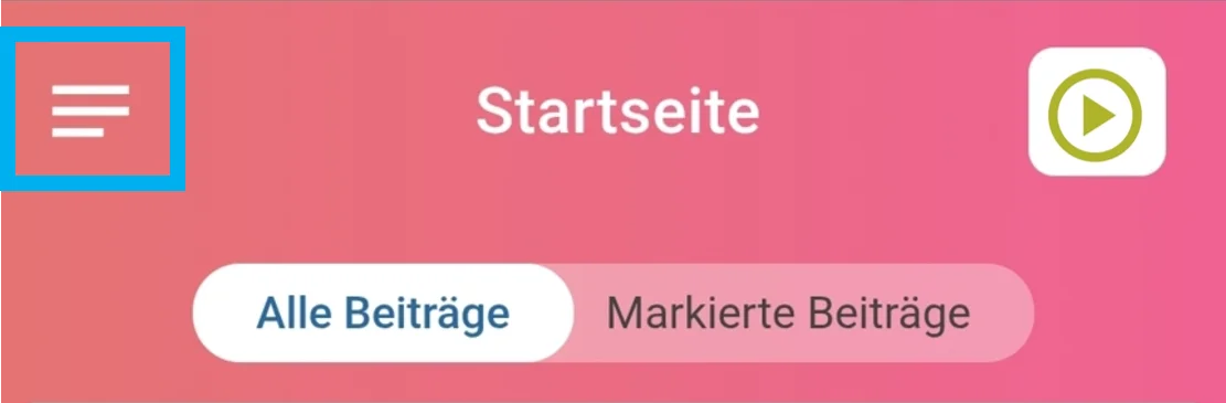 Zu sehen ist die Startseite der Zeiterfassung. Auf der linken Seite befindet sich das Menüsymbol mit drei horizontalen Linien, das farblich hervorgehoben ist.