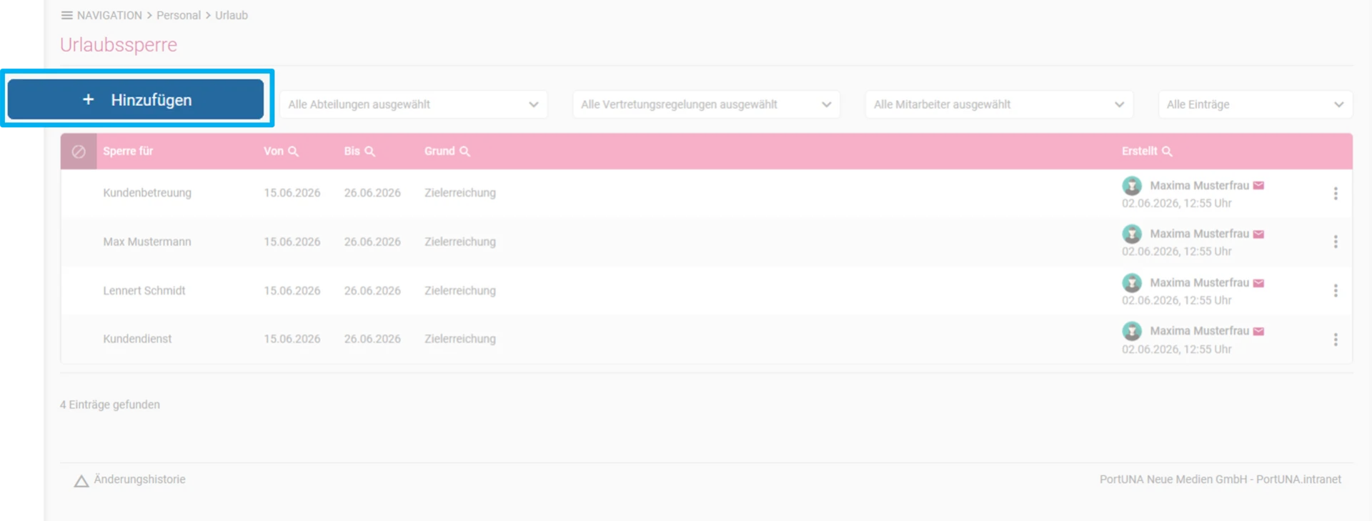 Zu sehen ist die Übersicht der Urlaubssperren. Farblich hervorgehoben ist der Button „Hinzufügen“.