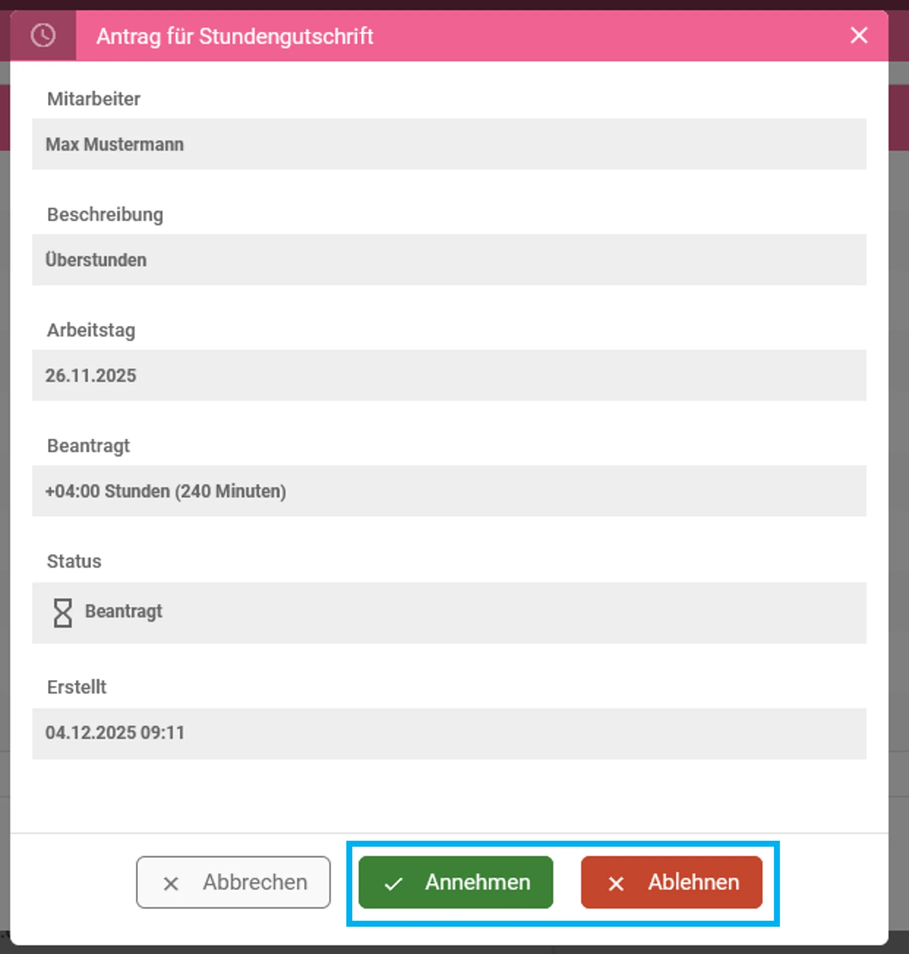 Zusehen ist die Detailansicht der Stundengutschrift, und farblich hervorgehoben sind die Buttons „Annehmen“ und „Ablehnen“.