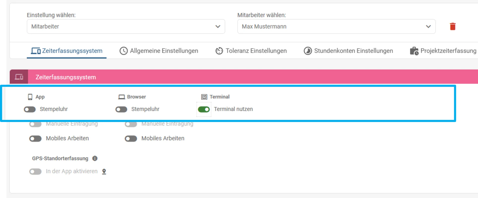 Zu sehen ist die Einstellungsübersicht des Mitarbeiters Max Mustermann. Farblich hervorgehoben ist unter Zeiterfassungssystem der Punkt Terminal.