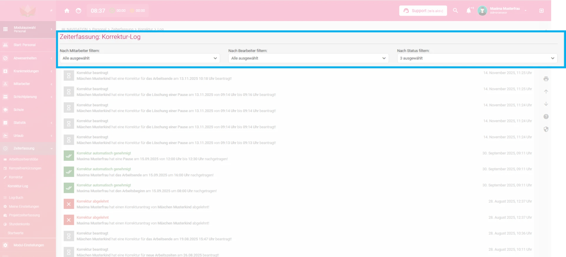 Zu sehen ist die Übersicht des Korrektur-Logs. Farblich hervorgehoben sind die Filter Mitarbeiter, Bearbeiter und Status.