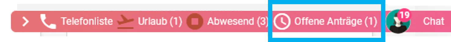 Ausklappbare Liste mit vier Auswahlpunkten: „Telefonliste“, daneben „Urlaub“, daneben „Abwesend“ und daneben farblich hervorgehoben „Offene Anträge“.