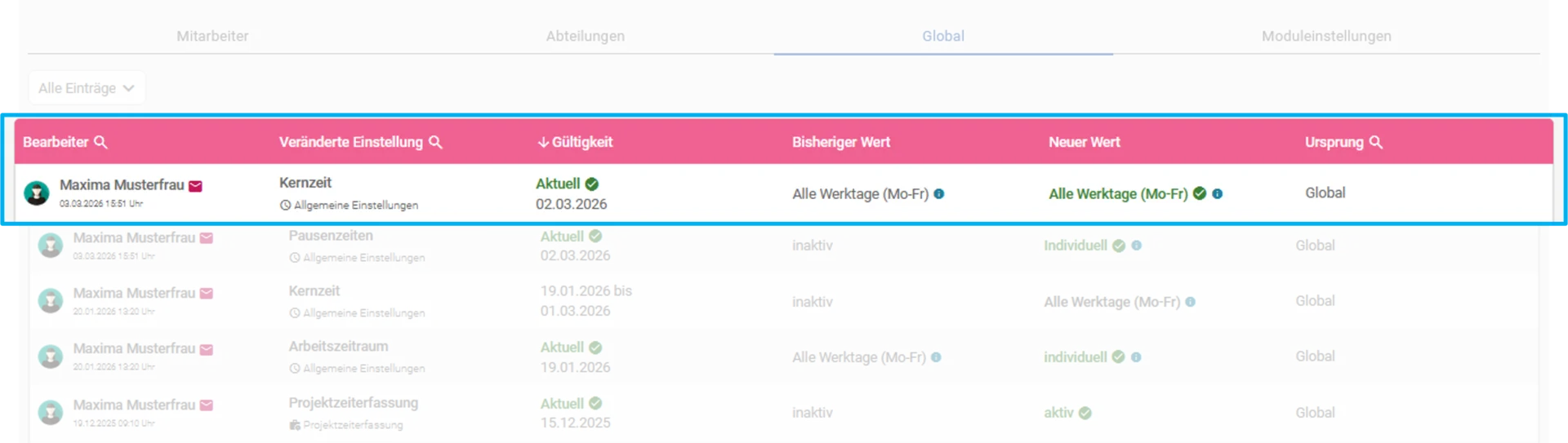 Zu sehen ist die Einstellungshistorie der Zeiterfassung, hervorgehoben sind die Spalten „Bearbeiter“, „Veränderte Einstellung“, „Gültigkeit“, „Bisheriger Wert“, „Neuer Wert“ und „Ursprung“.