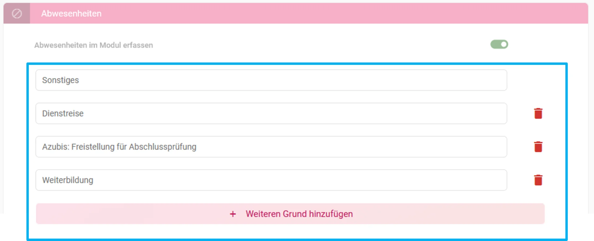 Zu sehen sind die Einstellungen für Abwesenheitsgründe.