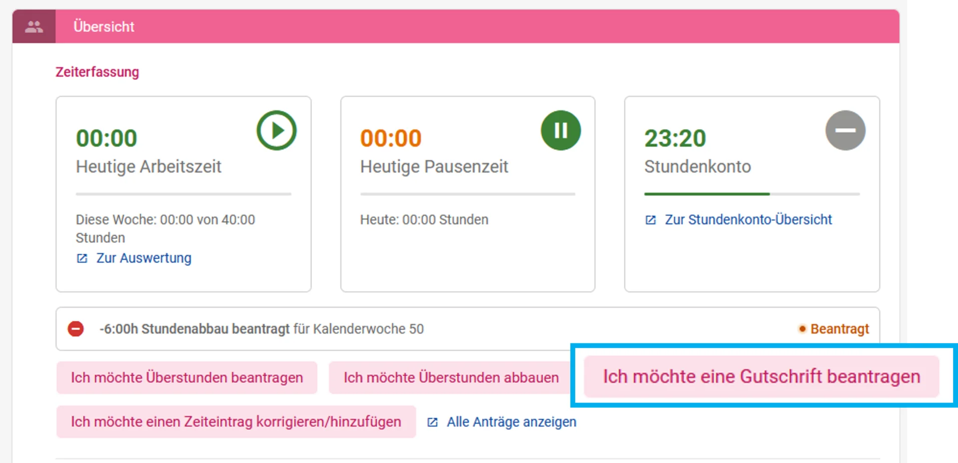 Zusehen ist das persönliche Dashboard und farblich herorgehoben ist der Button Ich möchte eine Gutschrift beantragen.