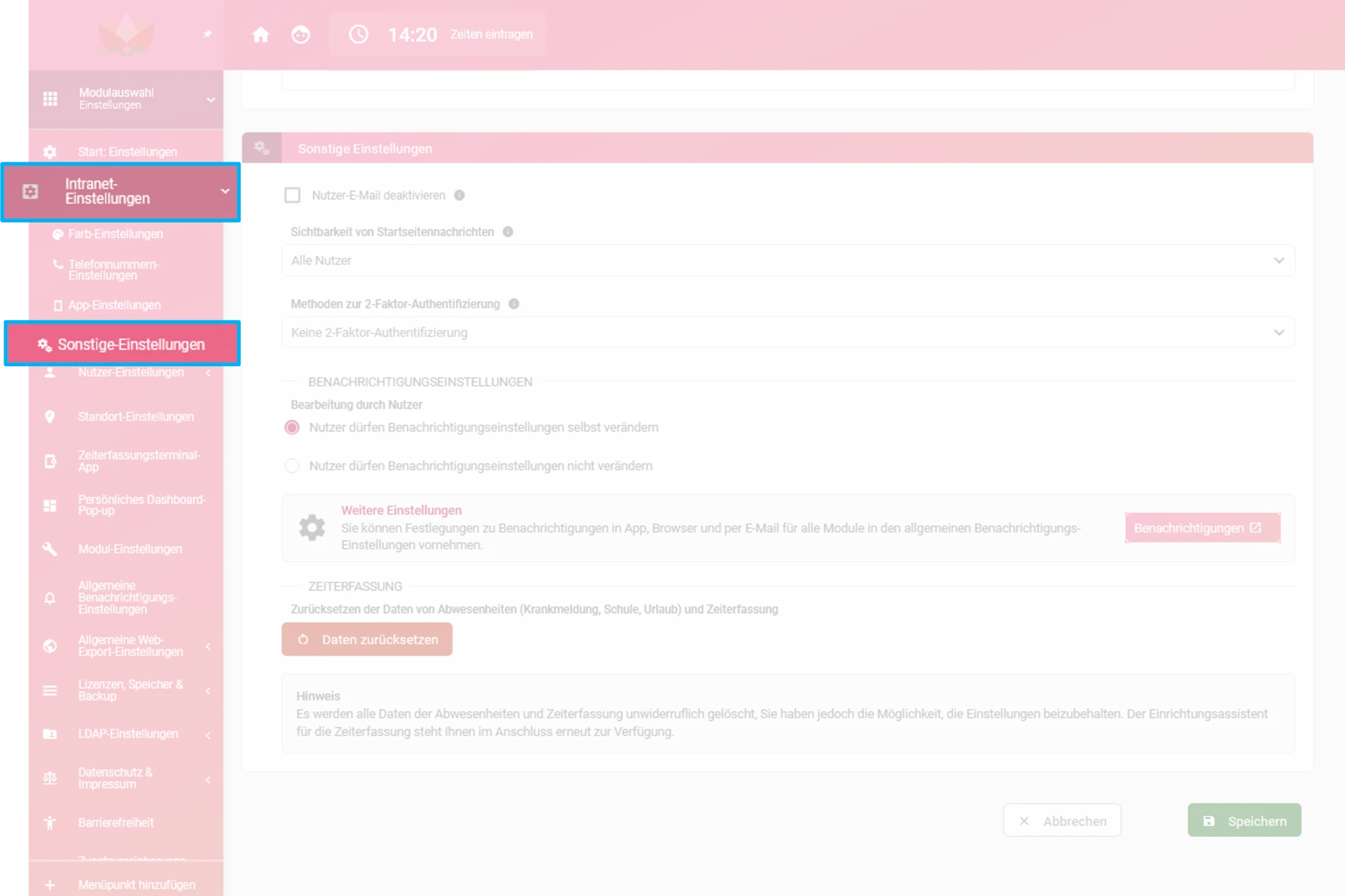 Zu sehen ist die Übersicht „Allgemeine Intranet-Einstellungen (nur für Admins)“, hervorgehoben sind im linken Menü die Punkte „Intranet-Einstellungen“ und „Sonstige Einstellungen“.