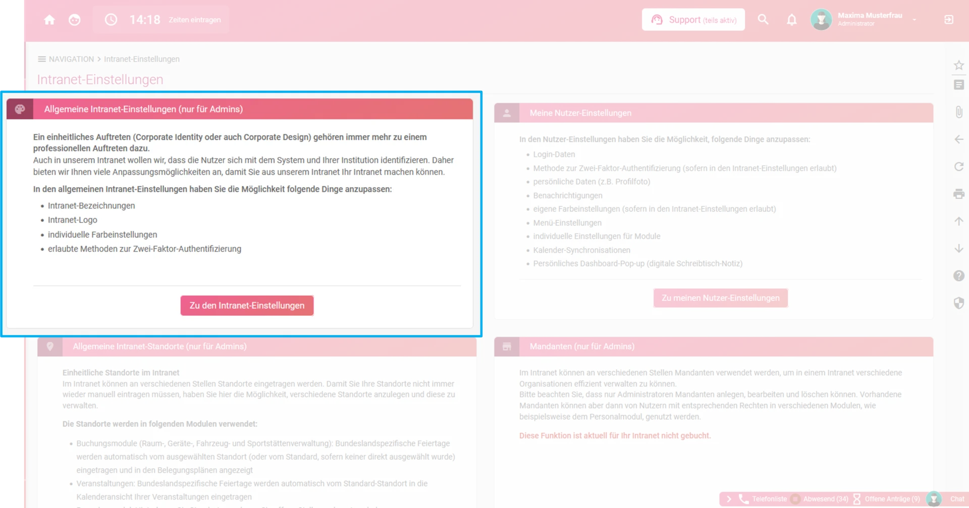 Zu sehen sind die Intranet-Einstellungen, hervorgehoben ist die Kachel „Allgemeine Intranet-Einstellungen (nur für Admins)“.