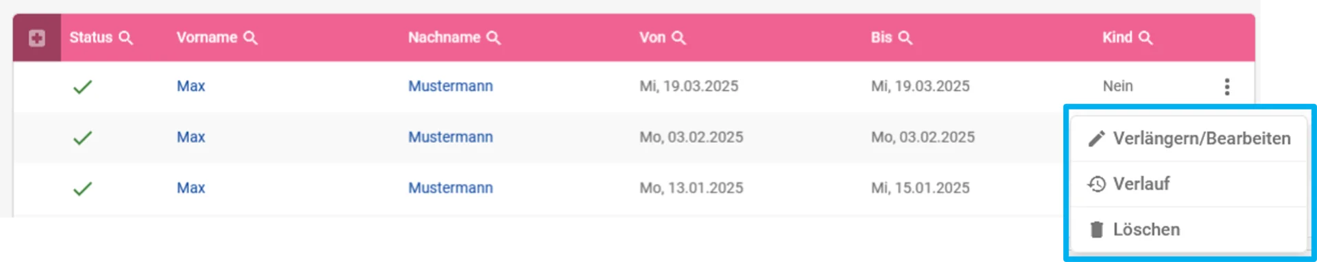 Zu sehen ist die Übersicht der offenen Krankmeldungen. Farblich hervorgehoben ist das 3-Punkte-Menü mit den verschiedenen Bearbeitungsoptionen.