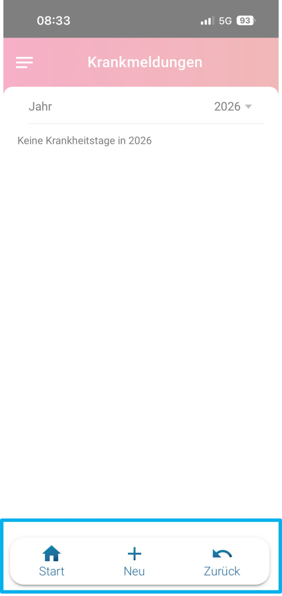 Zu sehen ist die Übersicht der Krankmeldungen in der App. Farblich hervorgehoben ist der Button „+ NEU“.