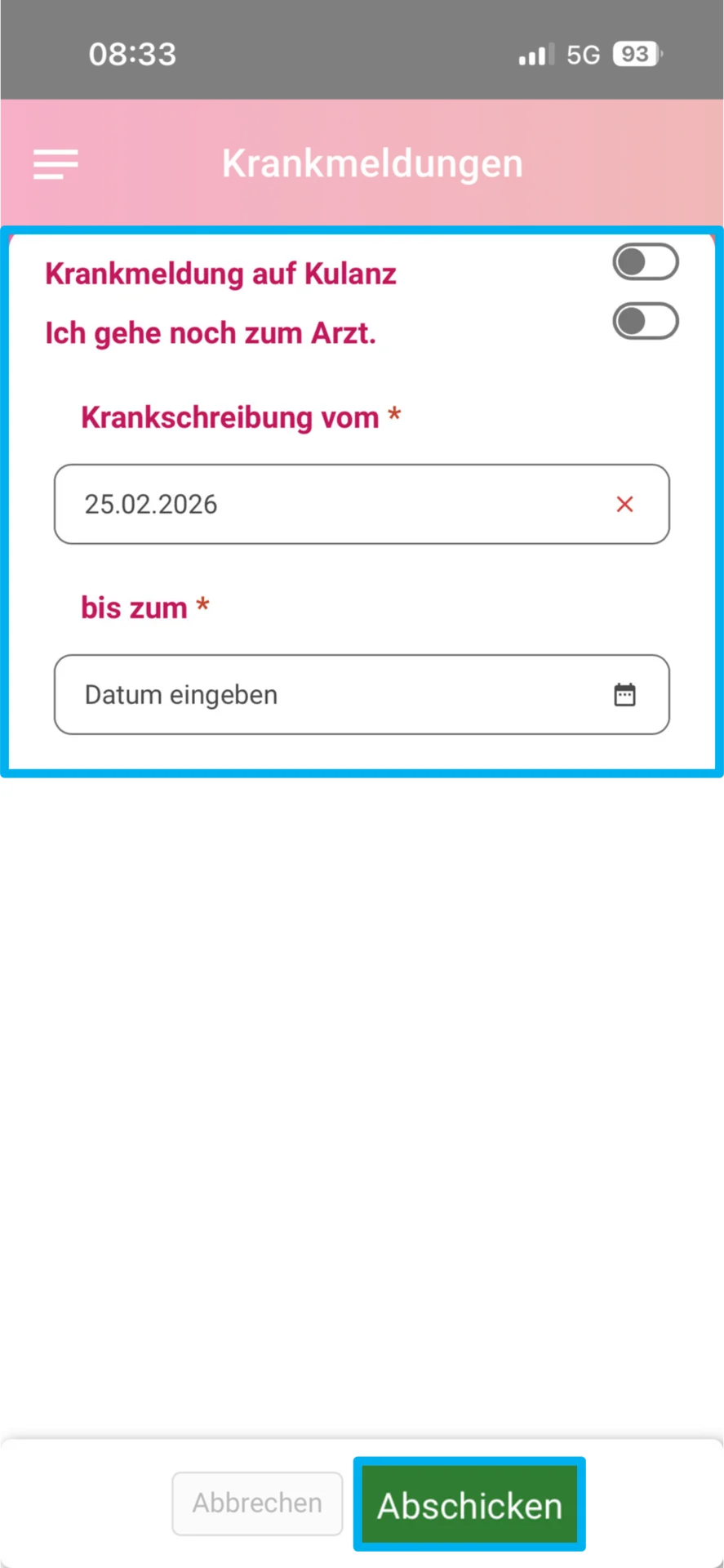 Zu sehen ist das Fenster zum Erfassen einer Krankmeldung in der App.