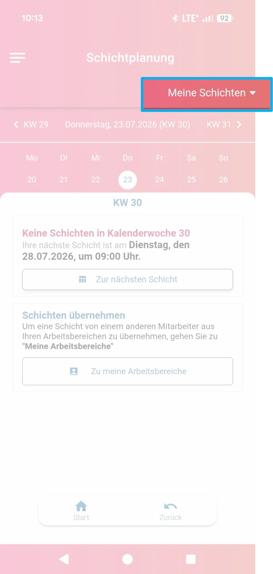 Zu sehen ist die Schichtplanung in der Mitarbeiter-App. Hervorgehoben ist der Reiter „Meine Schichten“.