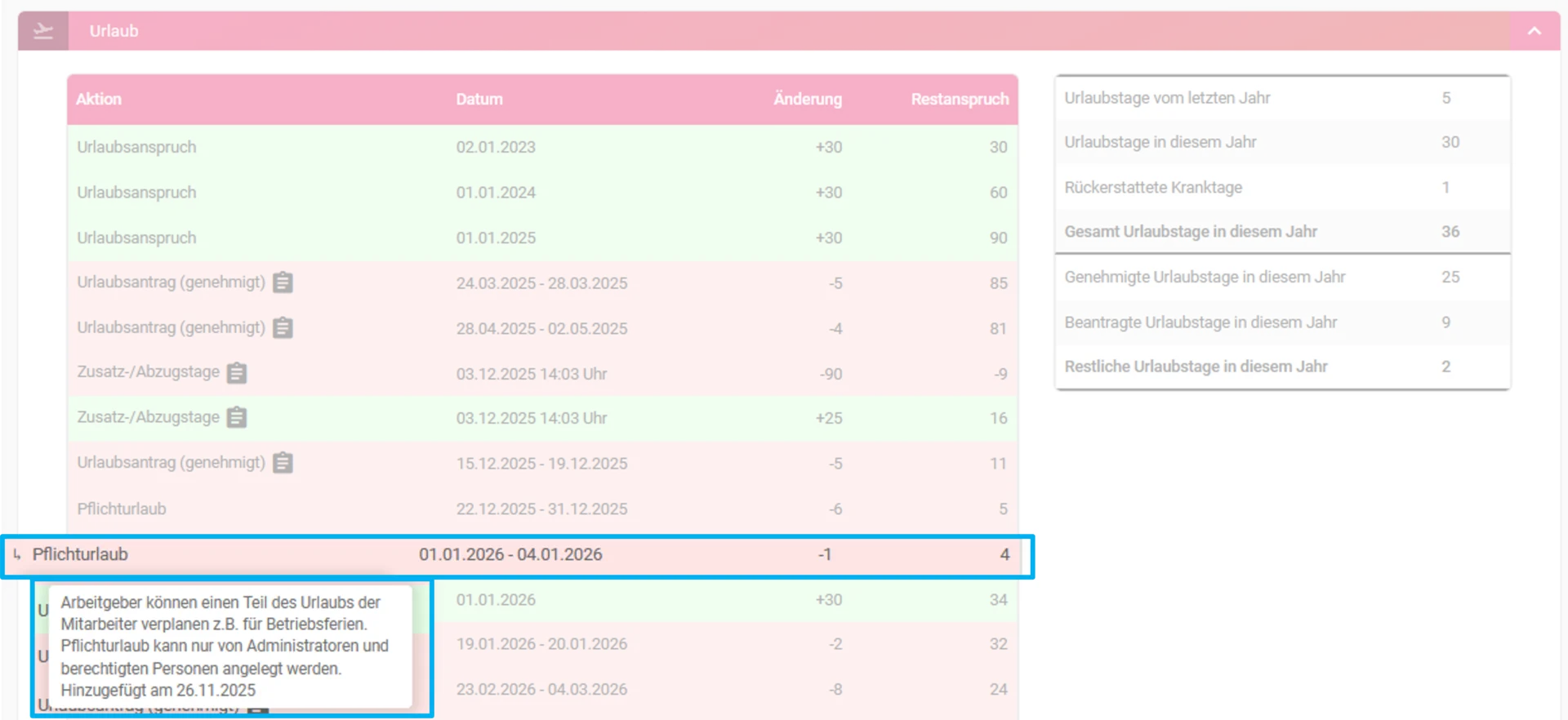 Zu sehen ist die Urlaubsübersicht im Mitarbeiterprofil. Farblich hervorgehoben ist die Aktion „Pflichturlaub“ mit eingeblendeter Informationsbox.