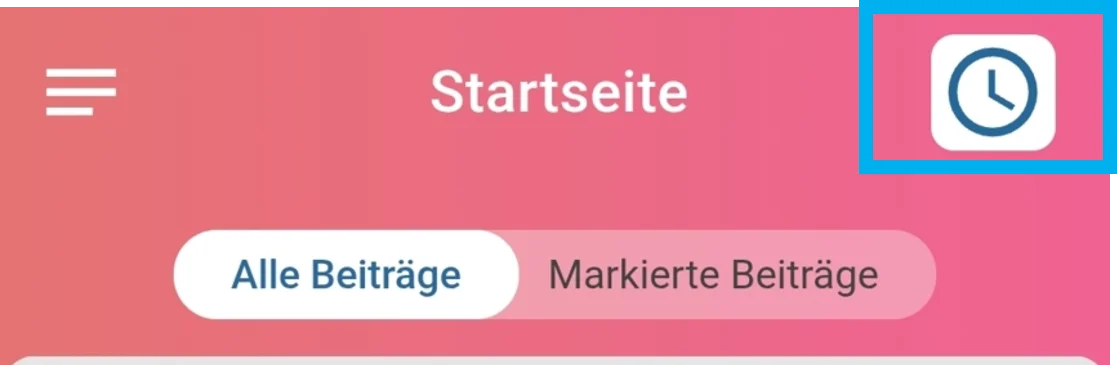 Zu sehen ist der Kopfbereich der Startseite der Zeiterfassung in der App. Rechts befindet sich ein farblich hervorgehobenes Uhr-Symbol.