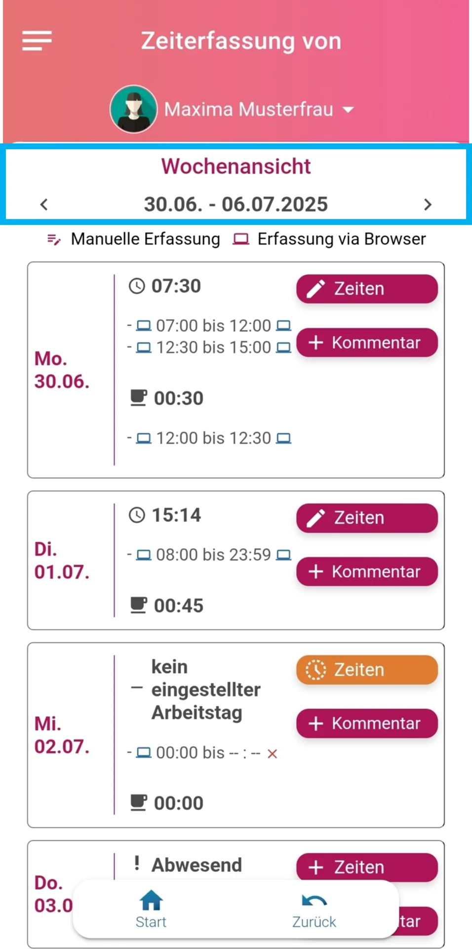 Zeiterfassungsansicht von Maxima Musterfrau mit geöffneter Wochenansicht vom 30.06. bis 06.07.2025. Darunter sind die Wochentage Montag bis Donnerstag aufgeführt. Am Montag ist eine Arbeitszeit von 7 Stunden 30 Minuten eingetragen, mit Arbeitszeiten von 07:00 bis 12:00 Uhr und 12:30 bis 15:00 Uhr sowie 30 Minuten Pause von 12:00 bis 12:30 Uhr. Am Dienstag beträgt die Arbeitszeit 15 Stunden 14 Minuten, gearbeitet wurde von 08:00 bis 23:59 Uhr mit 45 Minuten Pause. Am Mittwoch steht der Hinweis „Kein eingestellter Arbeitstag“.