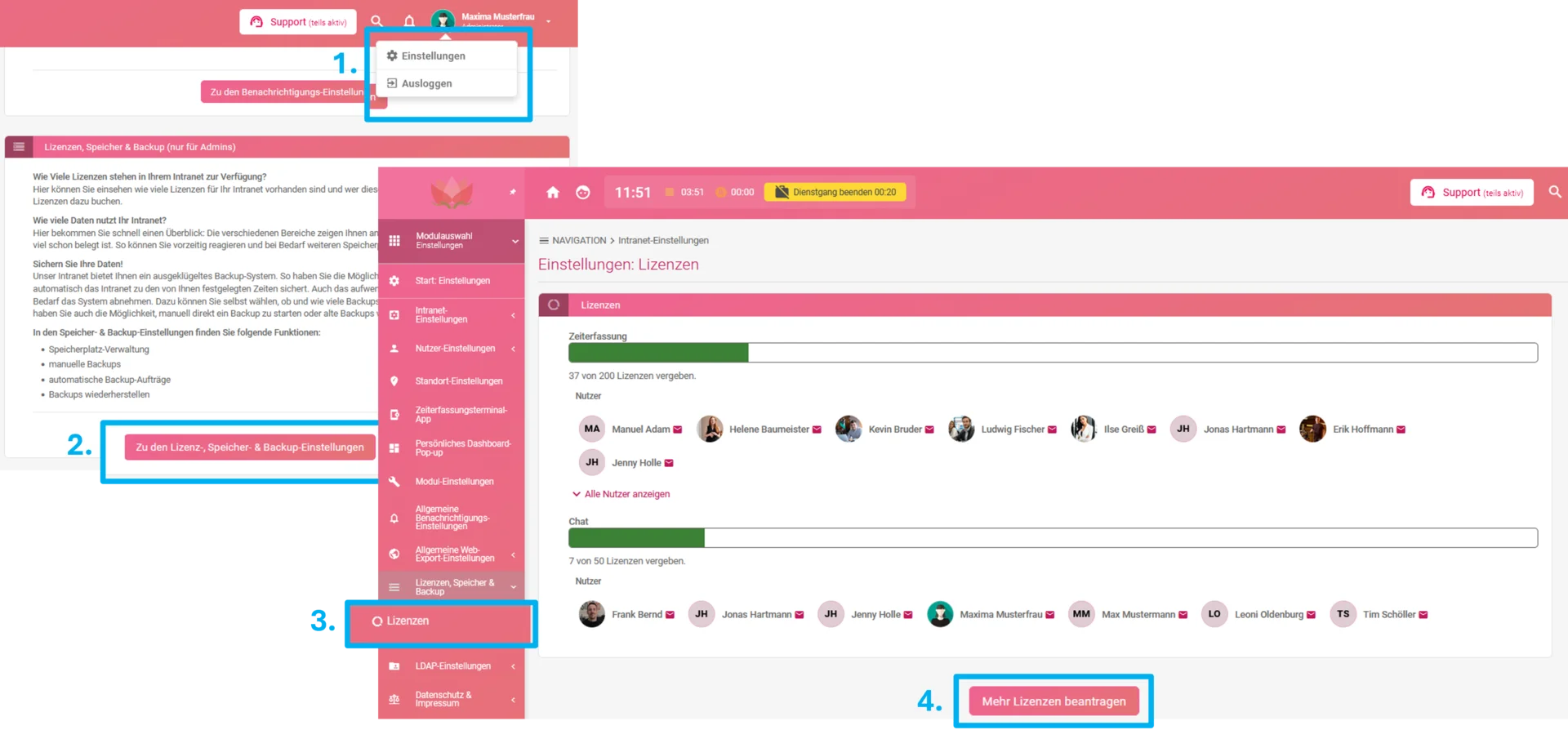 Zu sehen sind die Intranet-Einstellungen mit der geöffneten Einstellung „Lizenzen, Speicher & Backup“