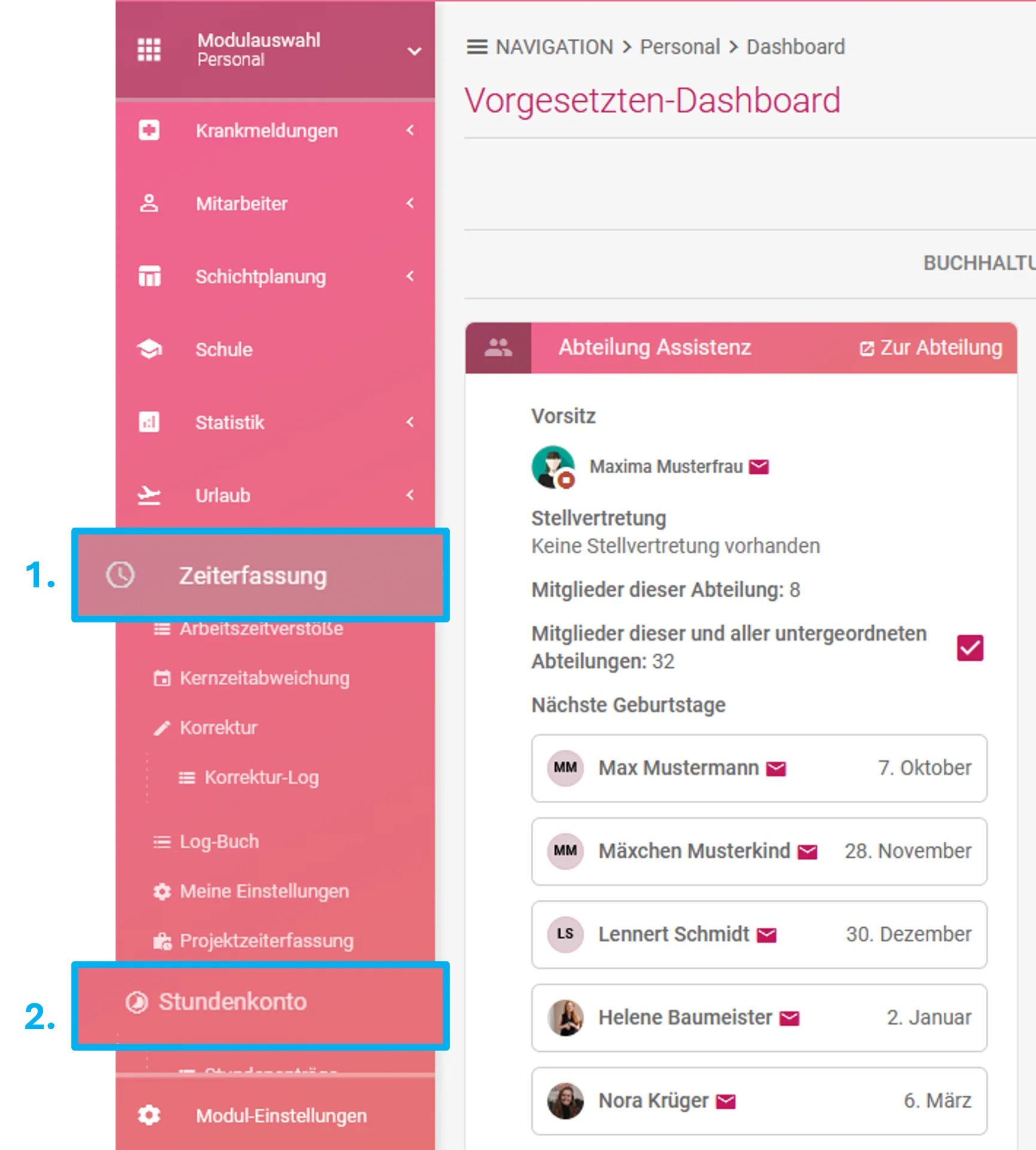 Zusehen ist das geöffnete Men und farblich hervorgehoben sind Zeiterfassung und Stundenkonto.