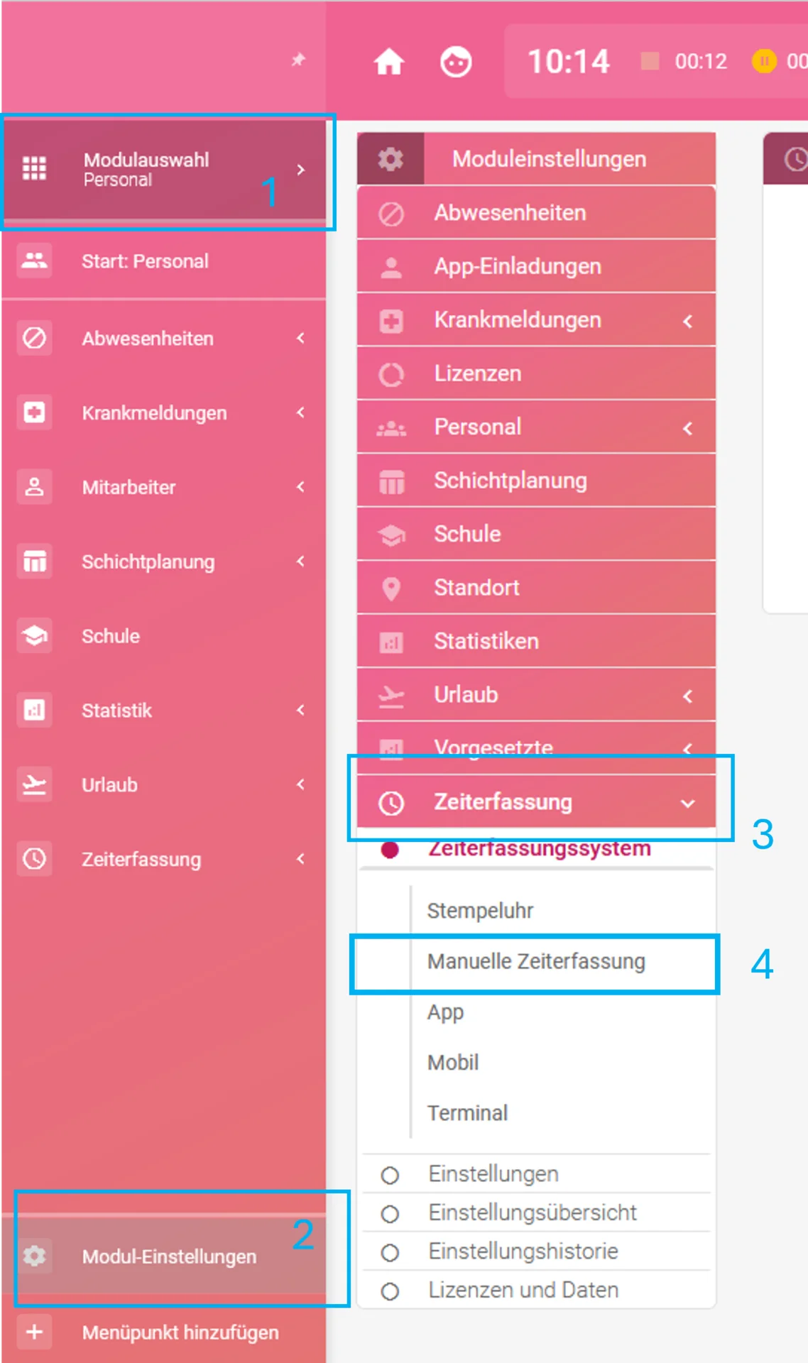 Im Intranet geöffnete Modulauswahl im Bereich Personal, Schaltfläche Modulauswahl Personal farblich markiert mit 1, unten Modul-Einstellungen hervorgehoben mit 2, daneben separates Menü mit farblich markiertem Punkt Zeiterfassung mit 3 und der Unterpunkt Manuelle Zeiterfassung mit 4