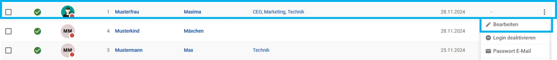Mitarbeiterliste mit Name, Vorname, Abteilung und Eintrittsdatum. Beim ersten Mitarbeitereintrag ist das Drei-Punkte-Menü geöffnet und die Option "Bearbeiten" ist hervorgehoben.