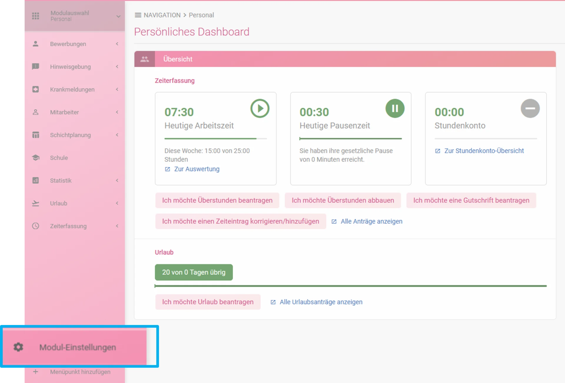 Zu sehen ist das geöffnete Personalmodul. Farblich hervorgehoben ist der Punkt „Modul-Einstellungen“.