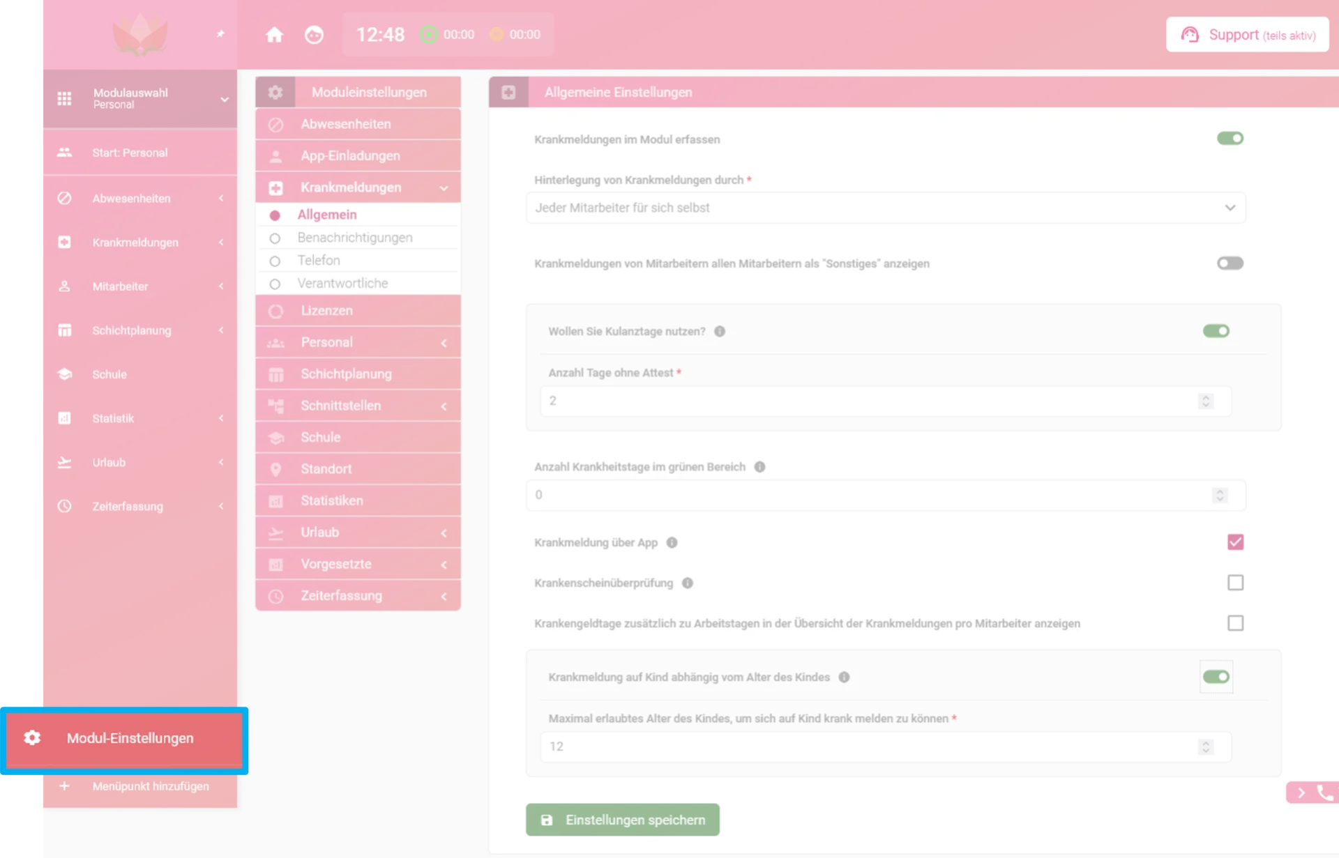 Zu sehen ist das geöffnete Menü des Personal-Moduls. Farblich hervorgehoben sind die Modul-Einstellungen.