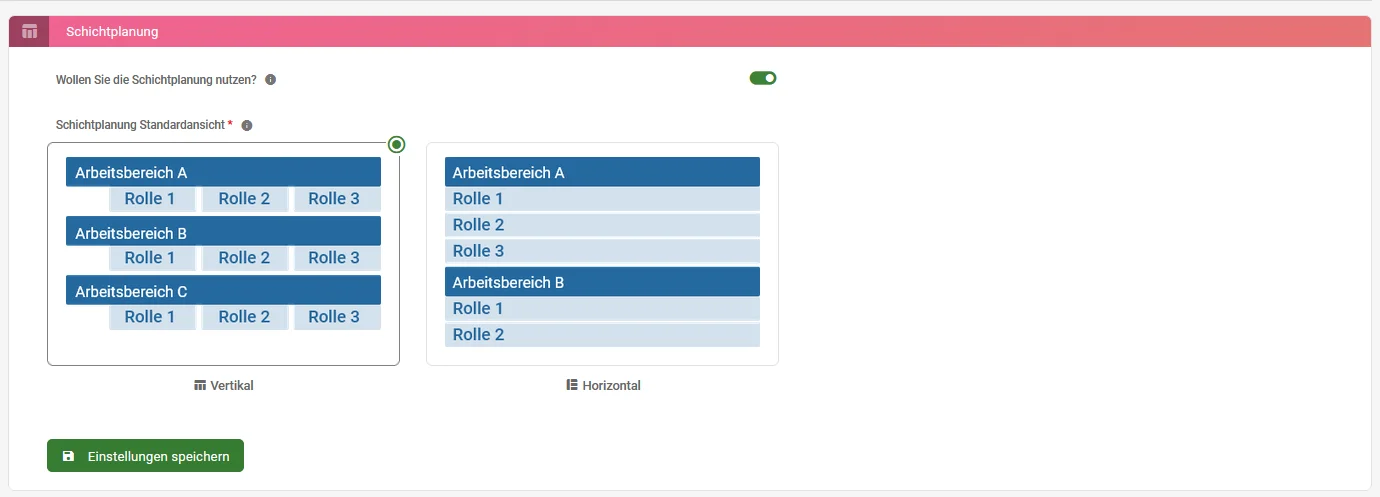 Zu sehen ist die Modul-Einstellung der Zeiterfassung, hervorgehoben sind die Option „Wollen Sie die Schichtplanung nutzen?“ sowie die Einstellung zur Darstellung der Schichtplanung.